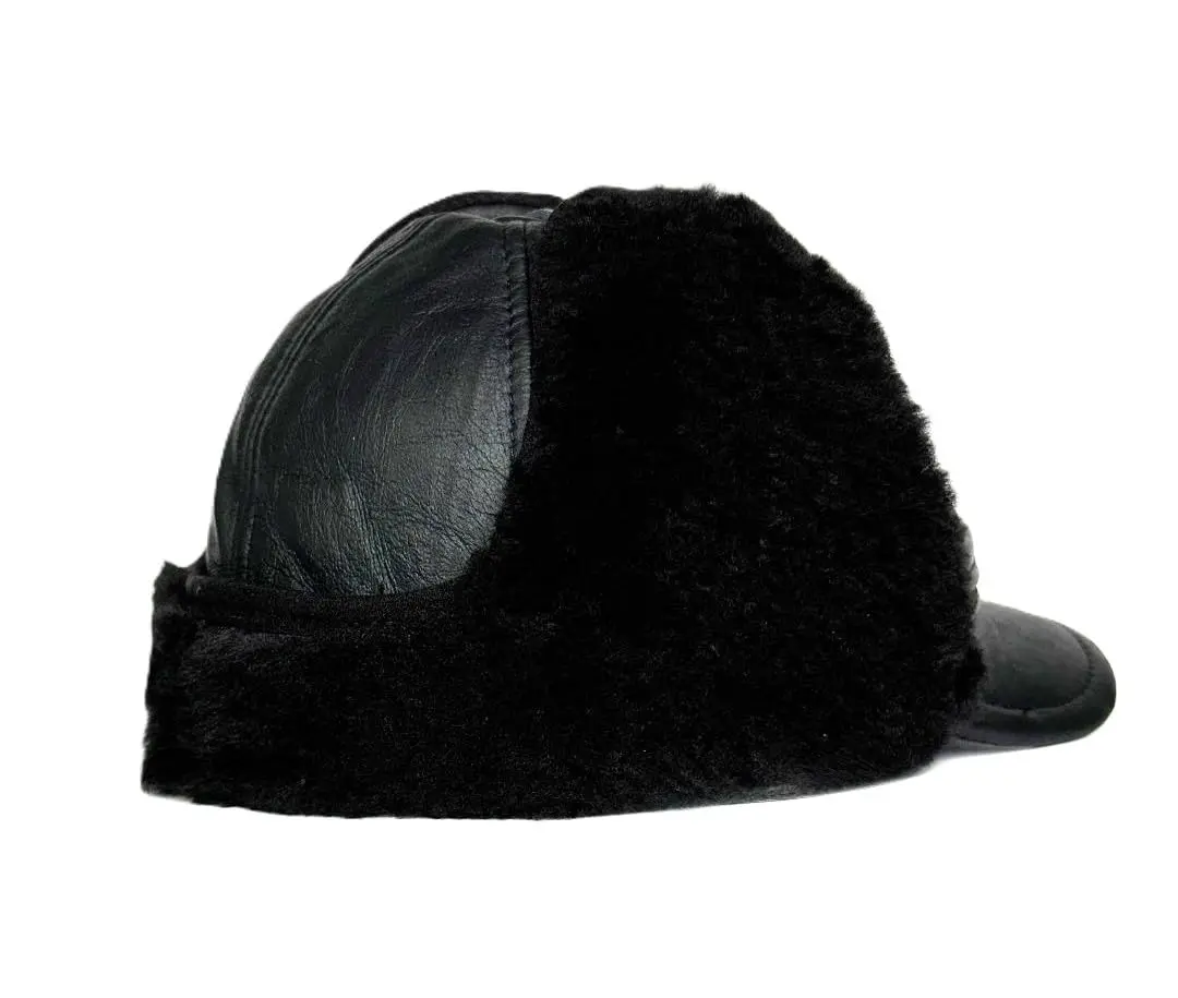 Genuine Sheepskin Shearling Leather Fur Trapper Russian Ushanka Visor Cap for Men - Casual Fashion Accessory with Ear Flaps, Button Snap Fastener, Keep Warm and Dry Functionality