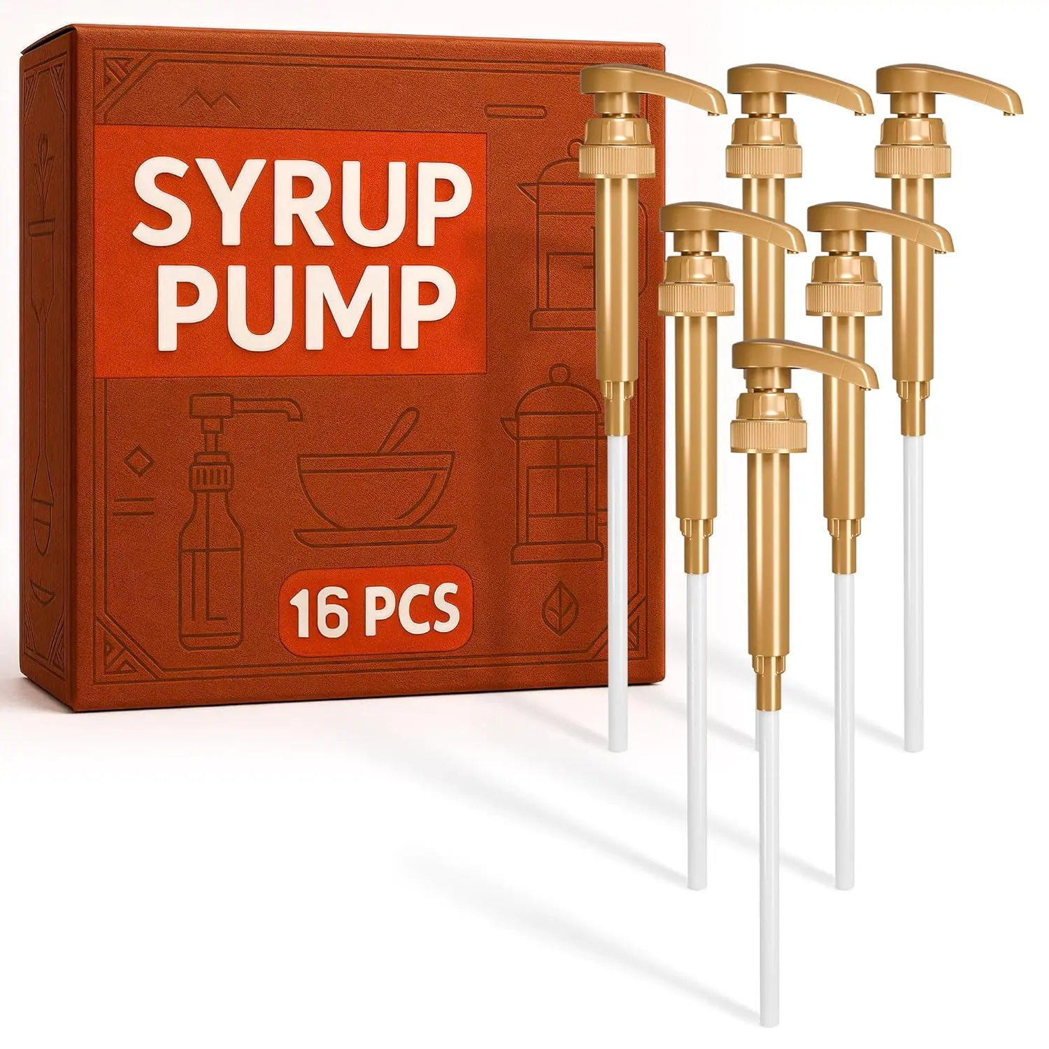 16 Pсs Gold Coffee Syrup Dispenser Pump – 9.25" Closed/11.54" Open Coffee Syrup Pump – Fits Various 25.4 oz Bottles, Lock Mechanism, Easy Cleanup, Leak-Resistant Design for Liquids, Sauces & Pastes