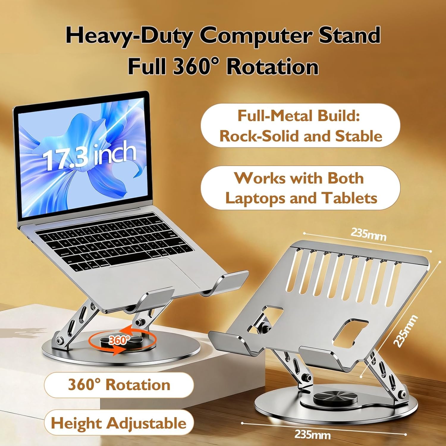 Height Adjustable 360° Rotating Laptop Stand,Ergonomic Foldable Portable Desktop Riser with Dual Support Arms,Premium Carbon Steel Desk Accessory Designed for Healthy Sitting Posture,Compatible with MacBook Pro Air,Dell XPS,HP and All 10–17.3 Inch Laptops