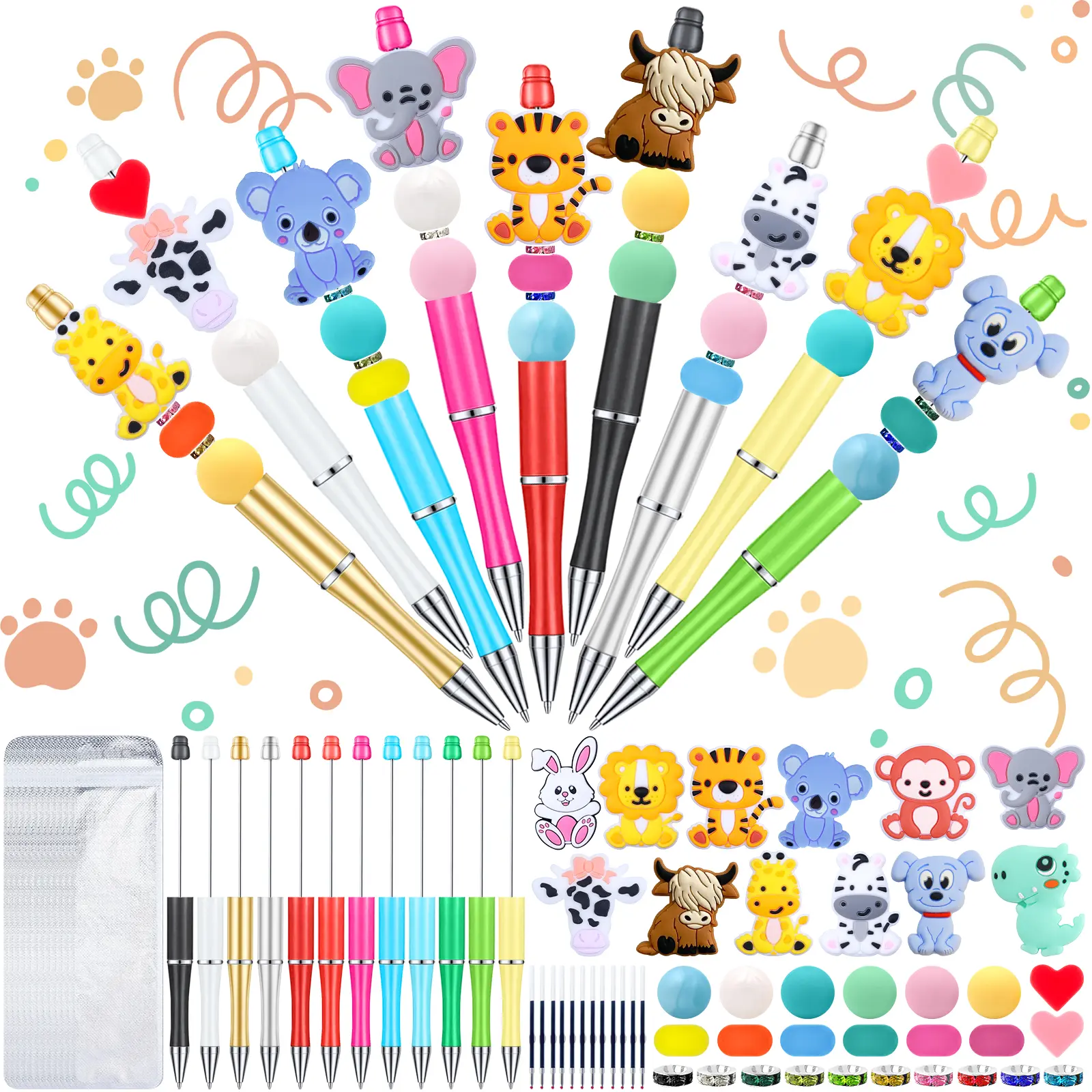 12-Set Animal Design Beaded Pens Bulk, Colored Pen Set With Colorful Focal Silicone Beads, Cute Office Stationery For Women, DIY Office Gifts
