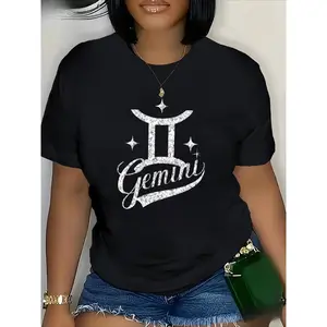 Women's Gemini Zodiac Constellation Graphic T-Shirt - Black Relaxed Fit 100% Cotton Tee with Sparkling Rhinestone Design, Machine Washable Casual Top for Casual Attire, Allseason Apparel | Zodiac Fashion | Comfortable Fit