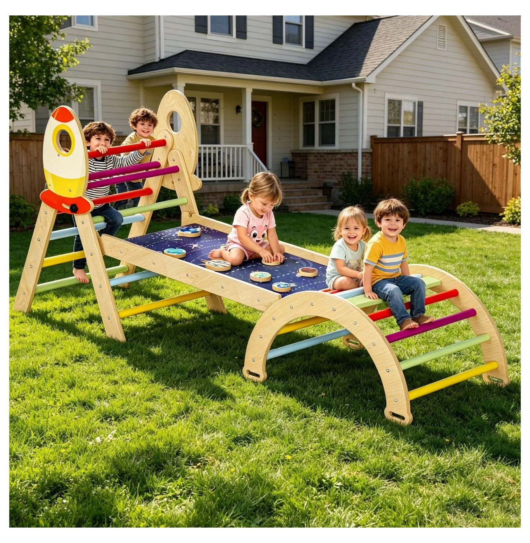 Pickler Climbing Set 8 in 1, Wooden Indoor Playground for Toddlers 1-6 Years - Foldable Triangle, Ramp & Rocker Board - Montessori Climber Gym for Active Play Rainbow Color