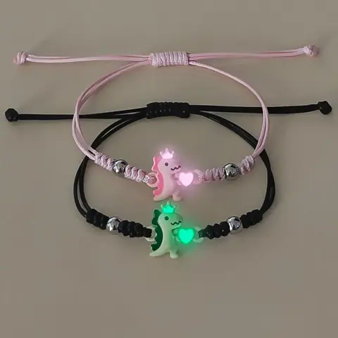 2 Piece Set Glow-in-the-Dark Heart Crown Dinosaur Couple Wristbands, Trendy Women's Valentine's Day Bracelet Jewelry Gift, Fashionable Couple Bracelet