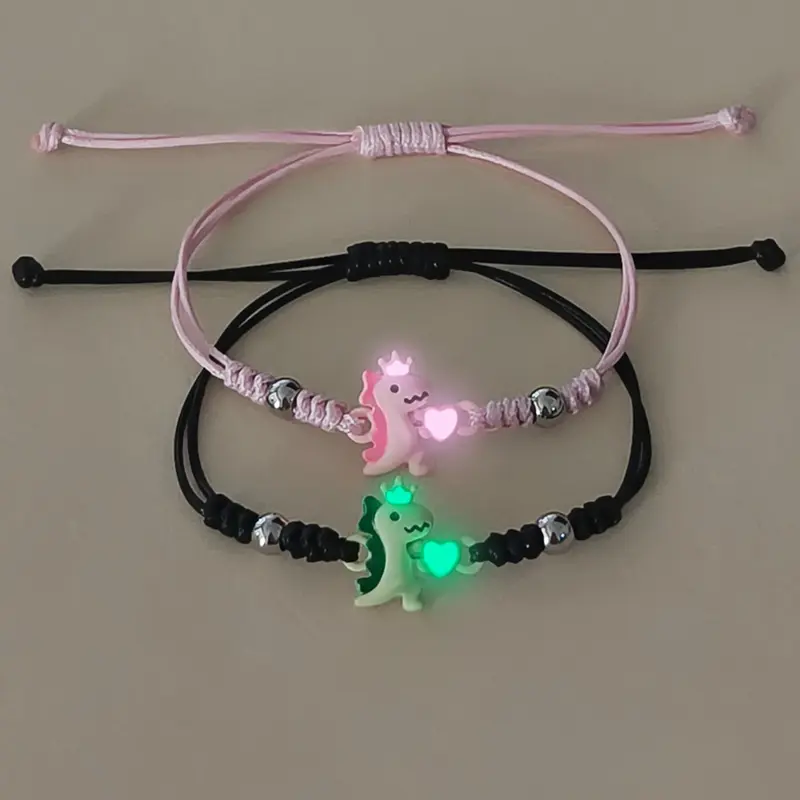 2 Piece Set Glow-in-the-Dark Heart Crown Dinosaur Couple Wristbands, Trendy Women's Valentine's Day Bracelet Jewelry Gift, Fashionable Couple Bracelet