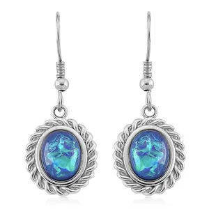 Lab Created Blue Opal Ocean Heart Halo Earrings in Stainless Steel