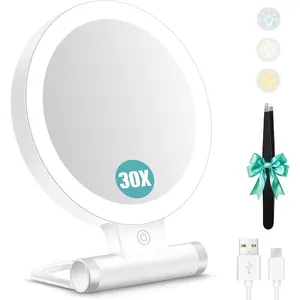 Magnifying Mirror with Light 30X, Doule-Sided 1X/ 30X Magnifying Makeup Mirror with Tweezer, 2000mAh 3 Colour Modes with Adjustale rightness,Foldale Travel Mirror(9" L x 7" W)