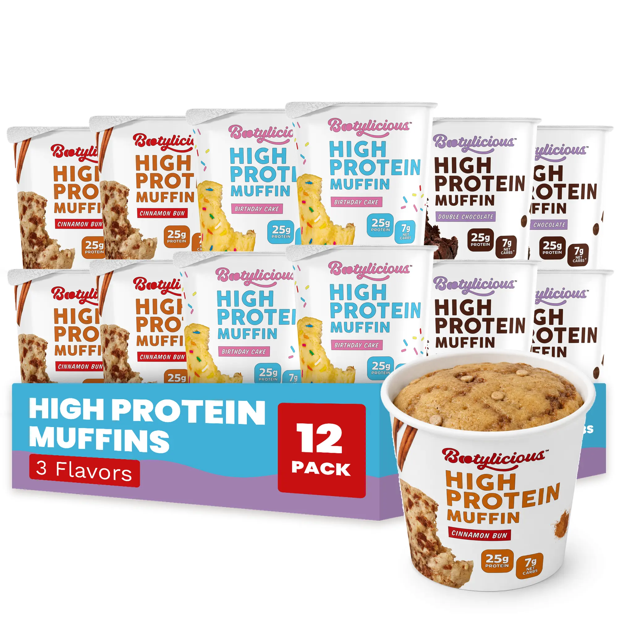 Bootylicious High Protein Muffins, Best Sellers Variety 12 Pack, 25g Protein, 7g Net Carb