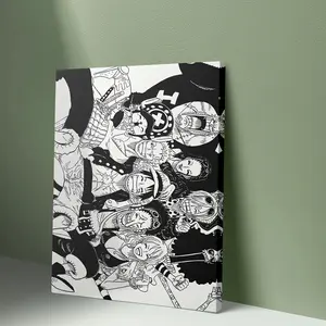 1pc Framed 2D Flat Canvas Painting -  Straw Hat Pirates Crew Black and White Illustration, Detailed Anime Artwork for Living Room, Bedroom, Office, Dorm, or Game Room Decor, Anime Room Decor,  Creative Modern Decoration Decoration Items