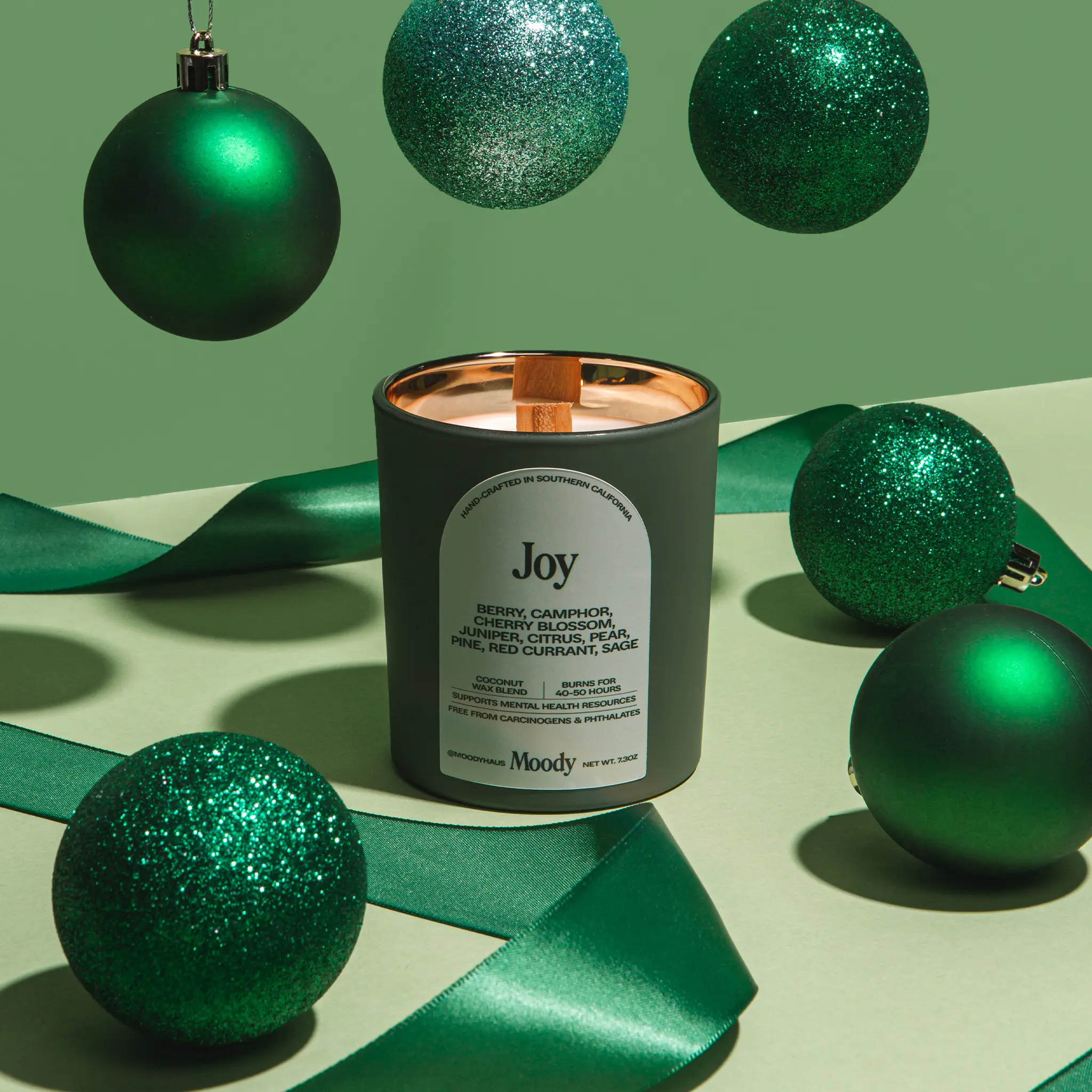 Moody Haus Joy Candle - Hand-Poured Non-Toxic Coconut Soy Wax Blend with Berry Camphor Cherry Blossom Notes - 7.3oz Reusable Glass Vessel - 40-50 Hour Burn Time - Seasonal Christmas Holiday Scented Candle
