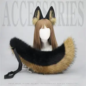 2pcs/set Animal Fursuit Ears & Tail Halloween Party Cosplay Headwear Plush Beast Wolf Tails Fox Ears Hairband Furry Dog COSTail Clothing Costumes