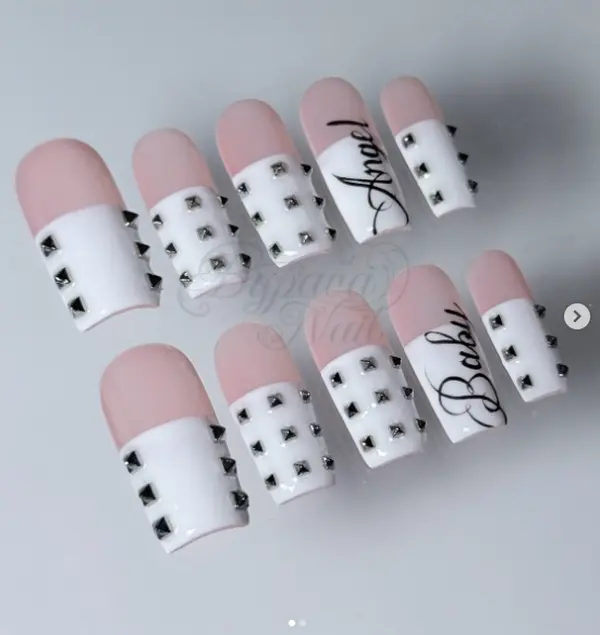 White Pink French Tip Press On Nails, Silver Studded Square Fake Nails, Angel Baby Minimal Chic Nail Set Handmade Gift