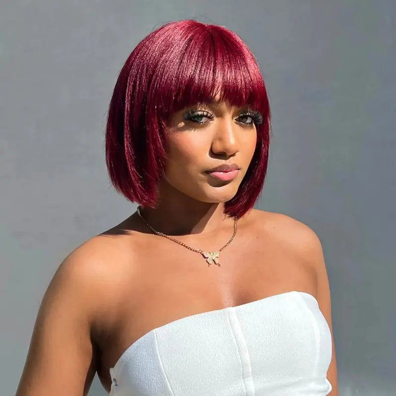 Wiggins Hair 99J Burgundy Bob Wig With Bangs Straight Bob Human Hair  Water Wave Bob Wigs 10Inch 12Inch