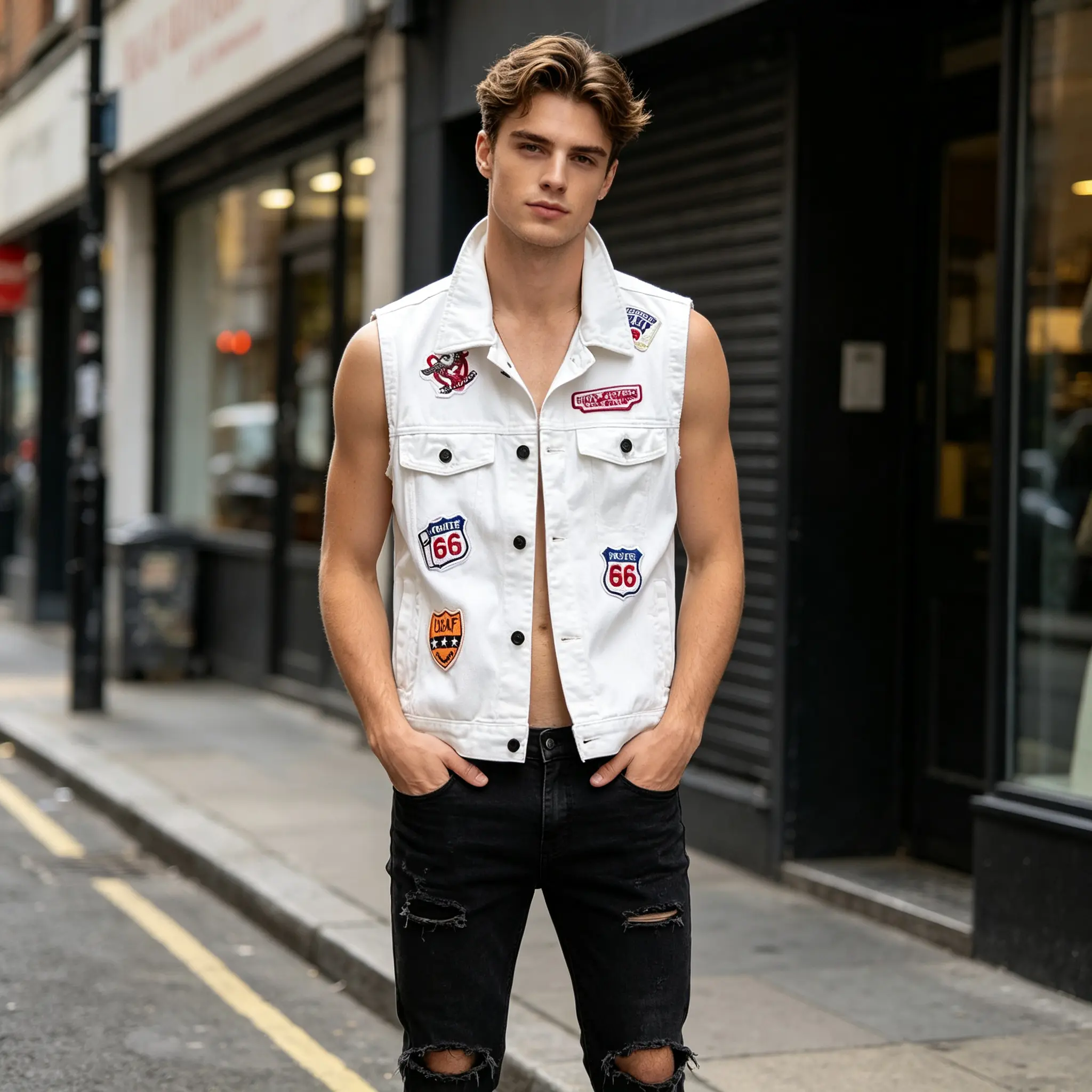 Men Solid White Lapel Collar Sleeveless Denim Vest Multi Vintage Route 66 Embroidered Patch Metal Button Multi Chest Pocket Retro Biker Y2K Street Layering Jean Waistcoat