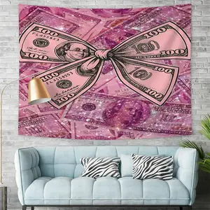 Pink Dollar Bow Design Tapestry, Wall Hanging Tapestry Perfect for Glamorous Decor, Decoration, Digital Print Tapestry Featuring Glittery Pink Dollar Bills, Ideal for Bedroom, Living Room, Wall Art, Home Bedroom Decor