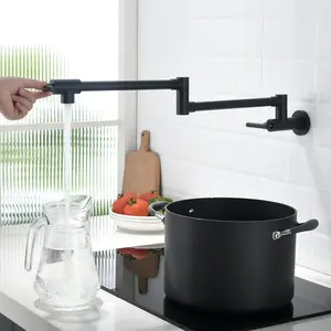 Black Finish Brass Wall Mount Pot Filler Faucet - Double Joint Swing Arms, Dual Handles, Leak-Free Seal, Single Hole Installation, Smooth Turn Operation, with Spares