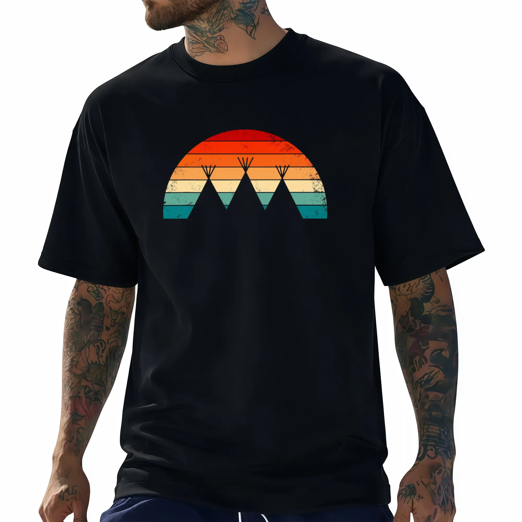 Men's Vintage Native American Tribal Turquoise & Southwestern Rainbow Feather Design T-Shirt - 100% Cotton Soft Round Neck Short Sleeve, Casual Everyday & Festival Wear