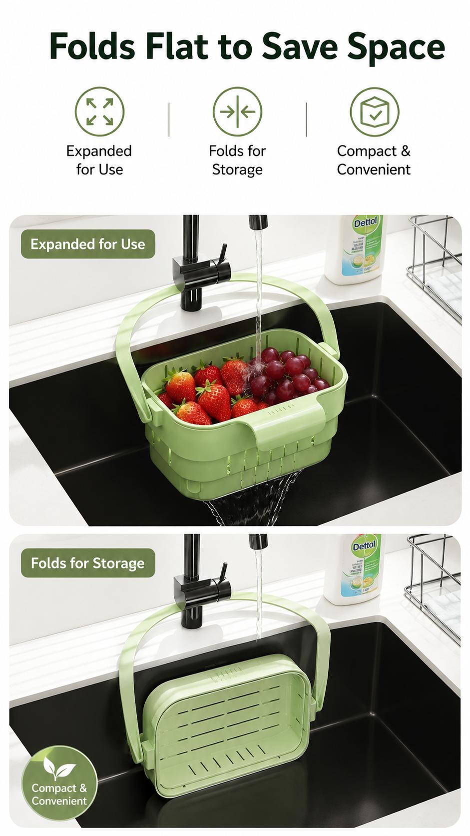 Collapsible Hanging Drain Basket - Expandable Foldable Space Saving Kitchen Sink Organizer for Dishes and Produce