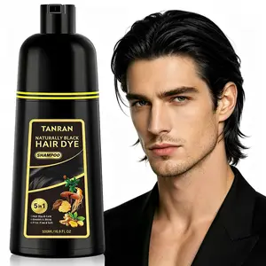 TANRAN 5 in 1 Natural Black Hair Dye Shampoo - Moisturizing Hair Color Wash for Quick Grey Coverage, Safe Herbal Ingredients, Complete Hair Dye & Care System, Promotes Smooth & Shiny Hair, Frizz-Free & Soft Texture, Long Lasting Color 500ML