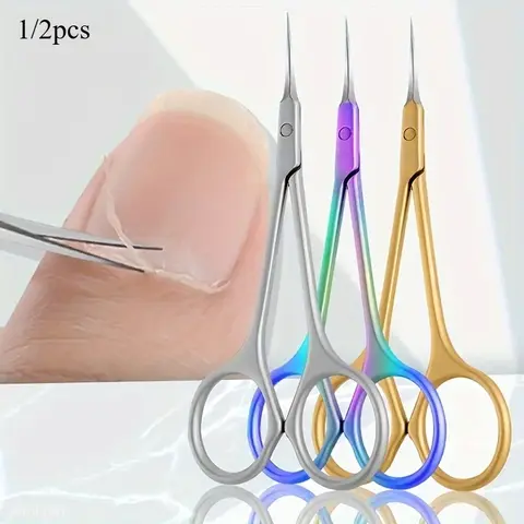 1/2pcs Professional Ambidextrous Cuticle Scissors, Ergonomic Non-Slip Stainless Steel, Precision Curved Multi-Purpose Small Scissors for Eyebrow, Eyelash, Cuticle Care, Nail Trimming & Grooming, Easy to Clean