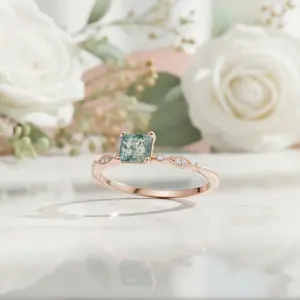 Antique Moss Agate Vintage Art Deco Rose Gold Engagement Ring Set