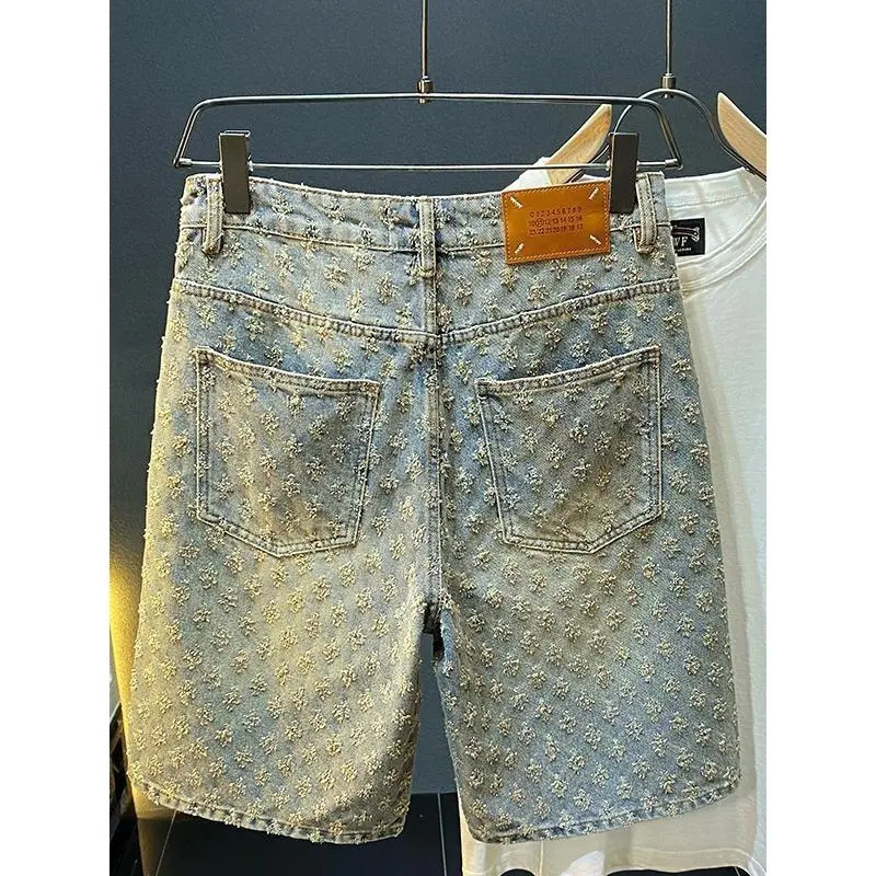 New2025 American Style Men's Denim Shorts Summer Loose Straight Leg Distressed Jacquard High-end Five-point Shorts Pants Blue