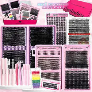 Large Capacity Mixed Style Lash Gift Box, 30D-100D&Bottom Lashes & Colored Lashes, Natural&Thick, Wispy Lightweight 5D Voluminous Lashes, Contains 2pcs Glue, 2pcs Tweezers and 4 Brushes, Mixed Size, Suitable for Daily/Wedding/Party/Outdoor Use