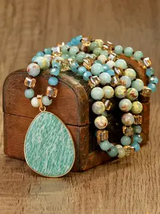 Boho Style Amazonite Stone Pendant Necklace, Adjustable Length Necklace, Handmade Braided Sweater Chain, Summer Vacation Gift, Mother's Day, Graduation Season