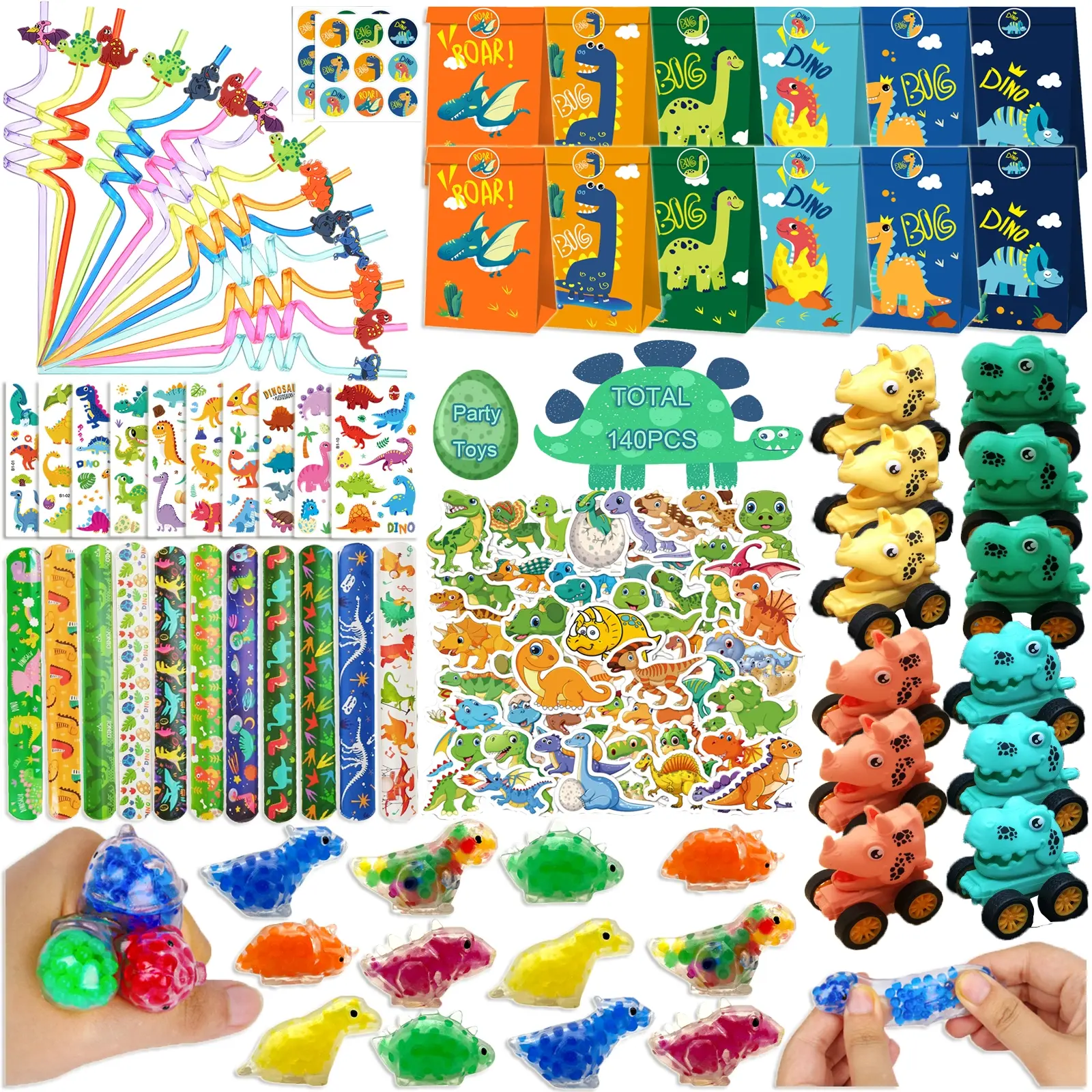 140Pcs Dinosaur Party Favor Gifts, Gift Pack Set, Dinosaur Birthday Party Decorations, Dinosaur Supplie for Kids Toys School Classroom Student Prizes, Treasure Box Pinata Goodie Bag Stuffers, Boy Girl Birthday Supplies Treat Gift