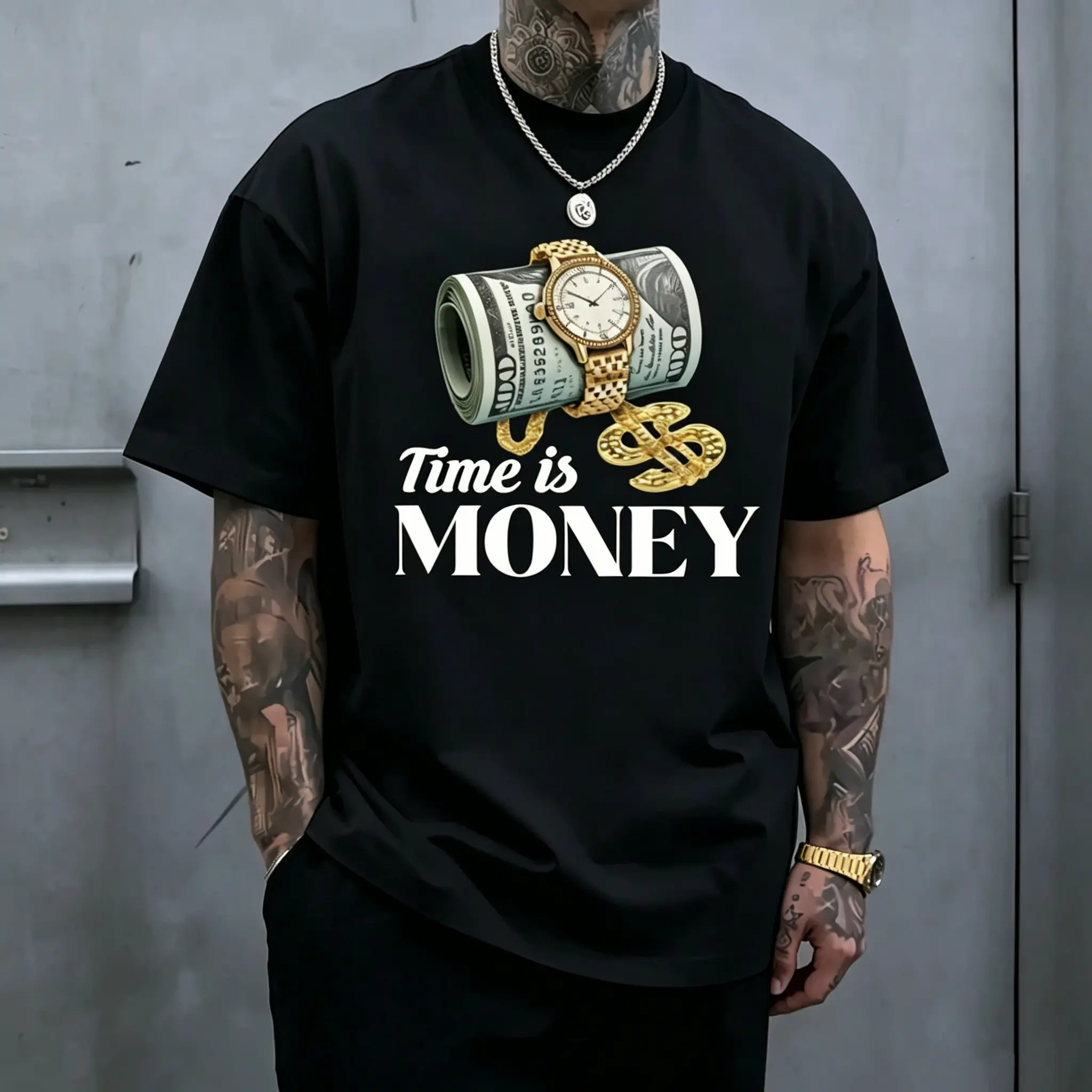 Men's "Time is Money" Graphic T-Shirt, Black Casual Streetwear Tee With Dollar & Watch Print,  Hip Hop Short Sleeve Top
