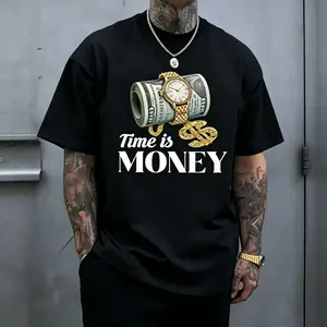 Men's "Time is Money" Graphic T-Shirt, Black Casual Streetwear Tee With Dollar & Watch Print,  Hip Hop Short Sleeve Top