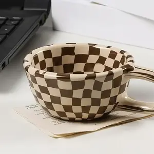 Creative Ceramic Coffee Cup with Chessboard Pattern, Breakfast Latte Mug, Summer Milk Cup, Home Kitchen Essentials, Birthday Gift