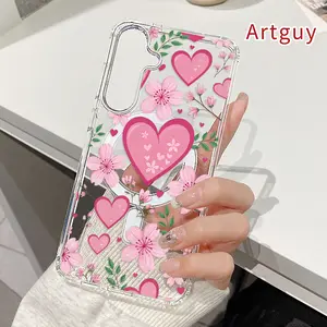 Magnetic Soft Case for  Samsung Galaxy S23 Ultra S24 Plus FE S25 S22+ Cherry Hearts Pattern Anti-Yellowing Shockproof ultra-thin Silicone Crystal Transparent Acrylic Large Hole Cover Supports Wireless Charging