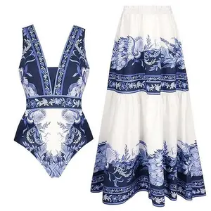 FLAXMAKER Women's V Neck Blue and White Porcelain Print One Piece Swimsuit and Skirt Set Beachwear Swimdress Bathing Suit Bathing Suit Stylish Beachwear #TikTokShopBlackFriday