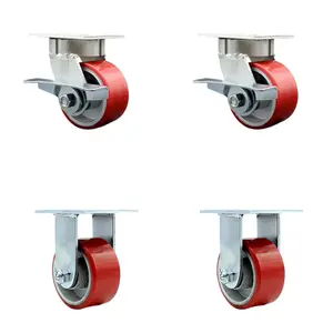 Heavy Duty Kingpinless Swivel Caster Set of 4 with 4 Inch Red Poly on Cast Iron Wheels and Ball Bearings - Includes 2 Swivel with Brakes and 2 Rigid - 2,800 lbs. Total Capacity - Service Caster Brand