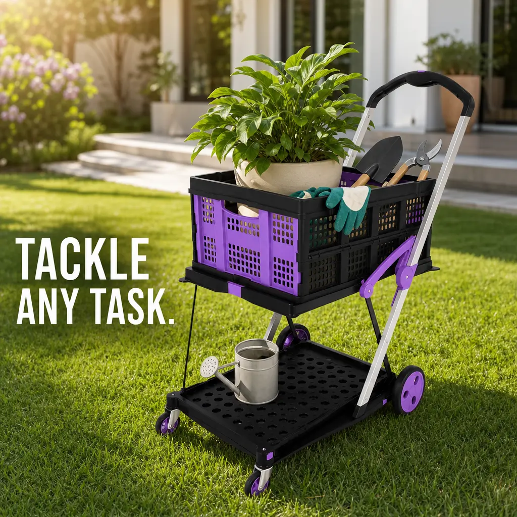 Premium 8-in-1 Folding Utility Cart with Wheels, 2-Tier Collapsible Rolling Shopping Cart With 2 Detachable Baskets, Heavy Duty Portable Grocery Basket, Large Capacity for Groceries, Laundry, Camping, Picnic & Home Storage