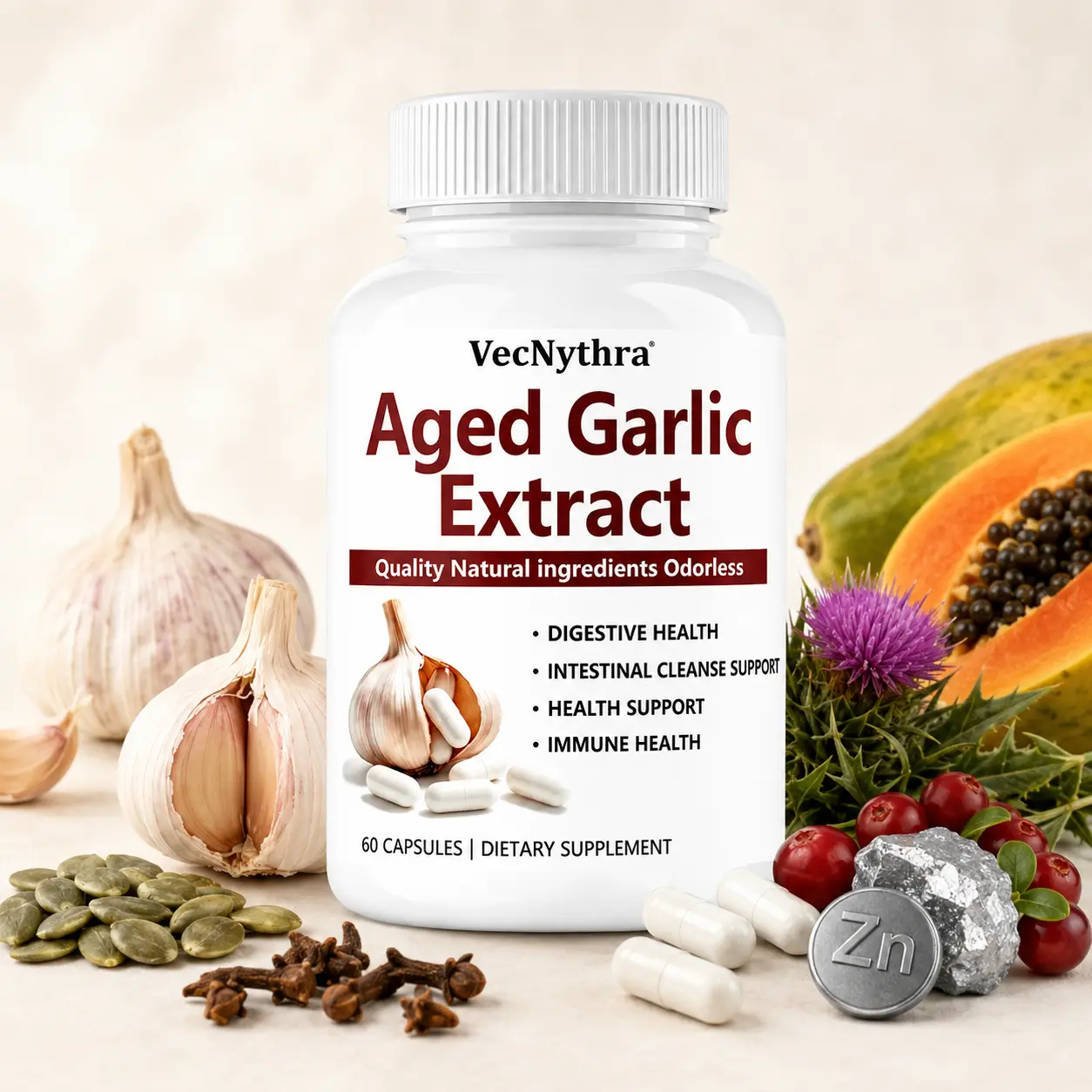 Aged Garlic Extract Capsules - 100:1 Garlic Extract, Pumpkin Seed, Clove, Papaya, Milk Thistle, Cranberry & Zinc Digestive Nutritional Supplement, 60 Capsules