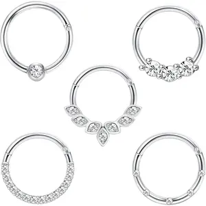 5PCS 16G Stainless Steel Cartilage Daith Earrings Helix Tragus Nose Hoop 8MM 10MM CZ Septum Clicker Rings Silver Gold Rose Gold Black Plated Hypoallergenic Piercing Jewelry Summer Vibes Daily Wear for Women
