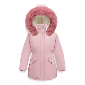 Suitable for over 3 Years Old Girls Pink Thick Parka Coat with Artificial Fur Hat Casual Winter Coat