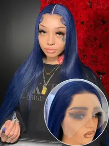 Deep Blue Long Silky Straight Lace Front Wig, Handmade Natural Hairline, High Temperature Fiber Synthetic Hair, 13x4 Free Parting Design, Role Play and Daily Wear, Glueless Frontal Wig