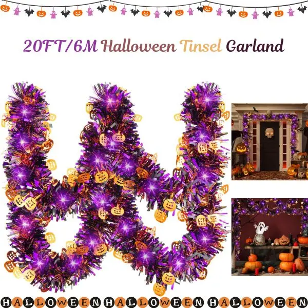 20FT Spooky Halloween Tinsel Garland with LED Lights, Cordless Dry Battery-Powered Pumpkin Foil Hangable Decor, Home Supplies for Evening Parties & Festive Party Decor, Wall Hanging