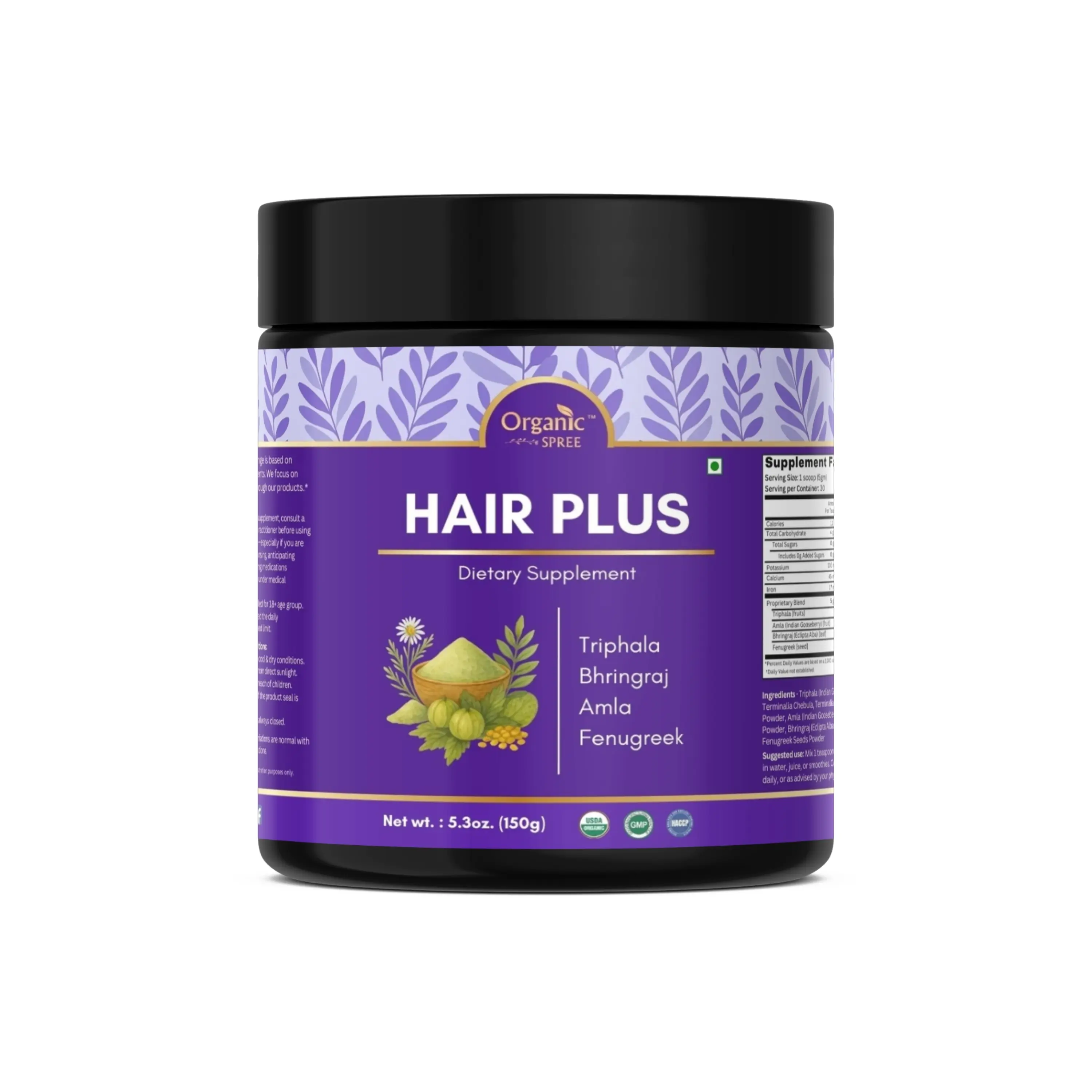 Organic Spree Hair Plus Powder – 150 gm (5.3oz) | USDA Organic Certified | Ayurvedic Blend of Bhringraj, Amla, Fenugreek, Triphala | Ayurvedic Hair-care*