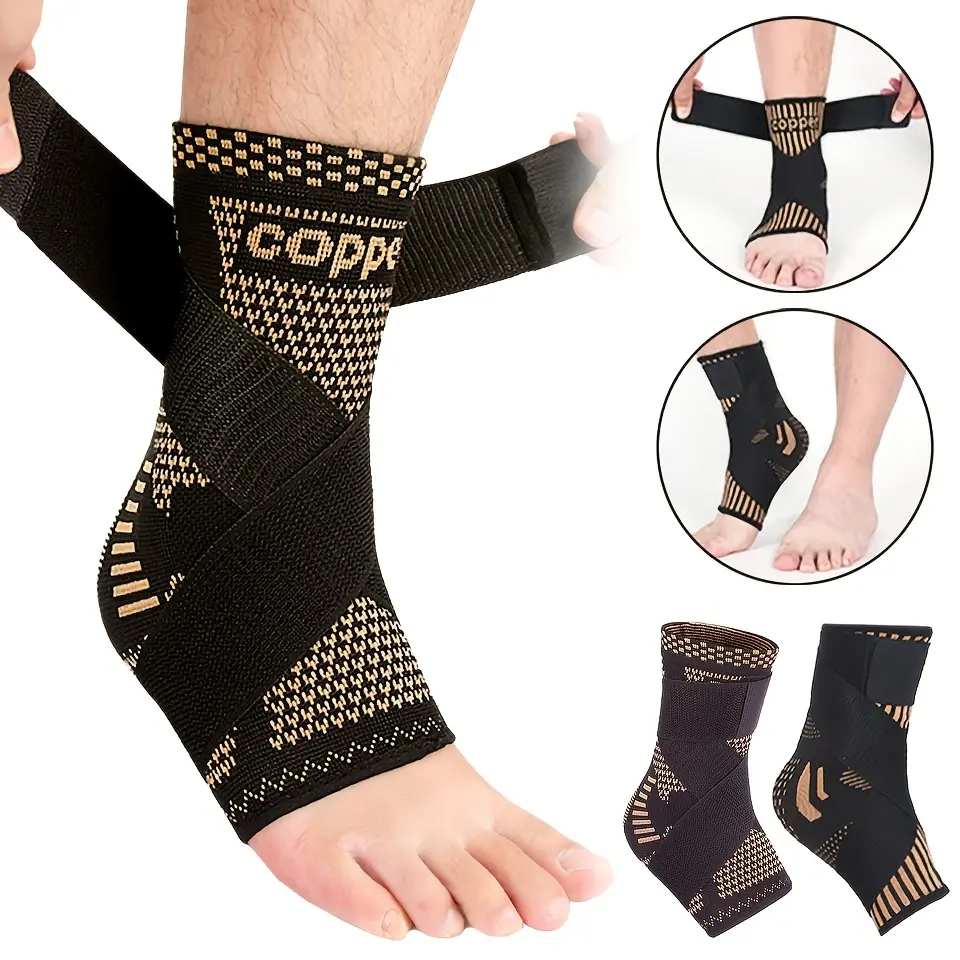 1pc Copper Ion Compression Ankle Brace with Hook-and-loop Strap - Adjustable Support for Sports, Fitness & Running - Nylon Material, Hand Wash Only, Ankle Support | Sport Specific Design | Durable Nylon