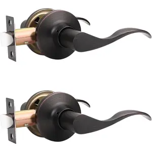2 Pack Passage Door Lever No Lock, Oil Rubbed Bronze Interior Door Handle, Reversible Wave Lever Handles for Closet Hallway