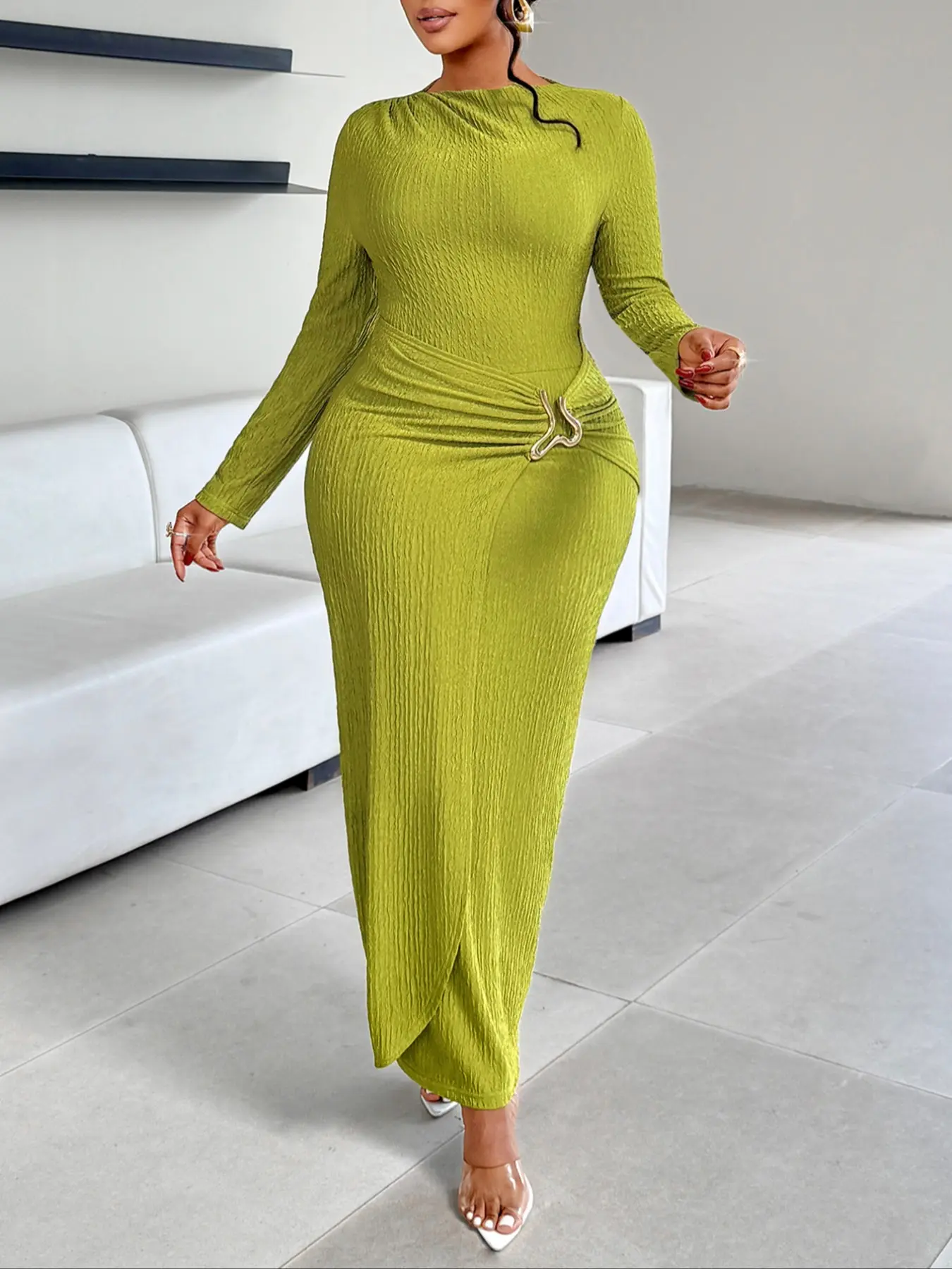 Women's Elegant Chic Minimalist Knitted Dress, Round Neck Long Sleeve High  Waist Split Design, Fall Fashion Party Wear, Slim Fit Plain Color  Womenswear, Lady - TikTok Shop