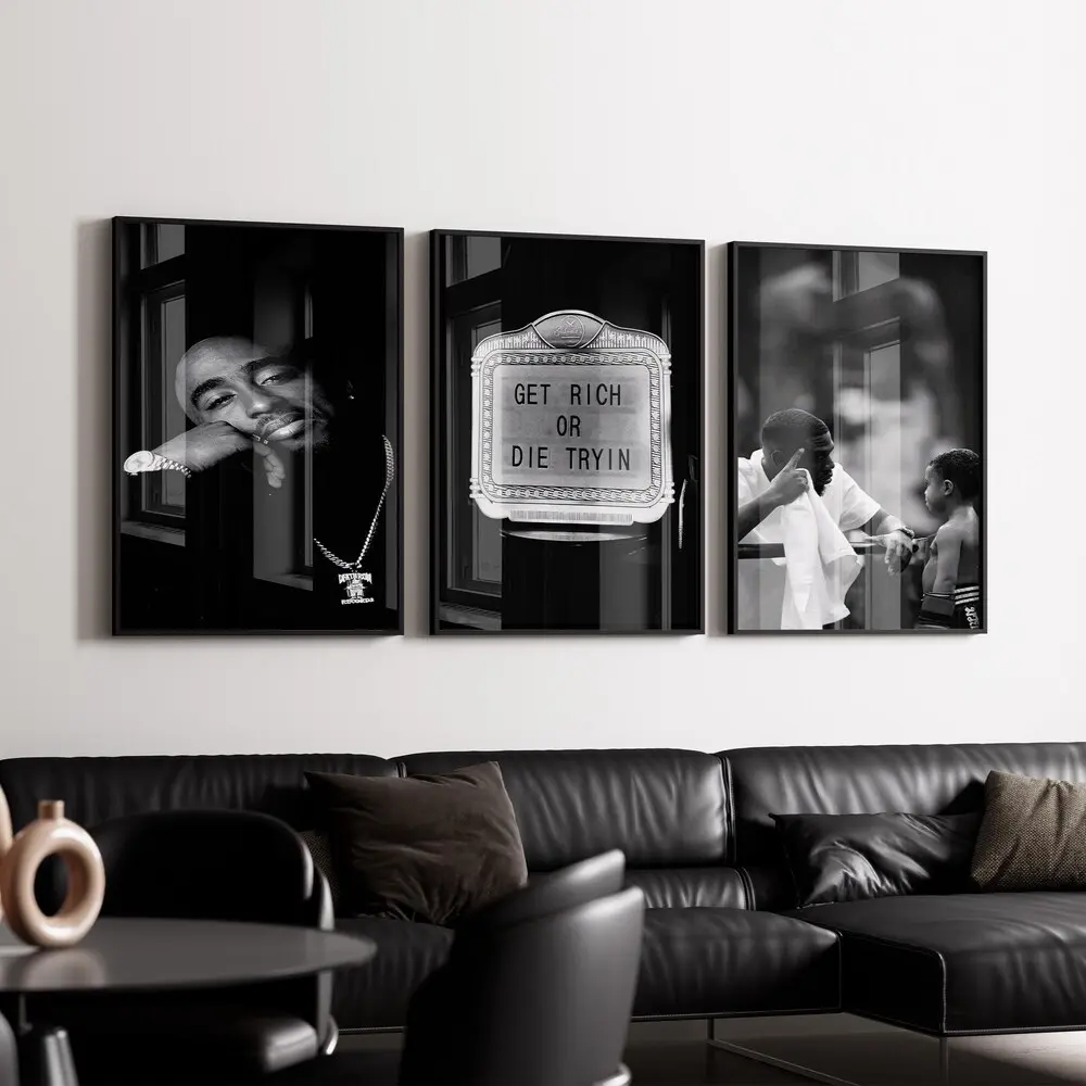 Tupac Wall Art Set of 3, Get Rich or Die Tryin Print, 90s Hip Hop Poster, Black White Rap Decor, Urban Man Cave Art, Digital Download