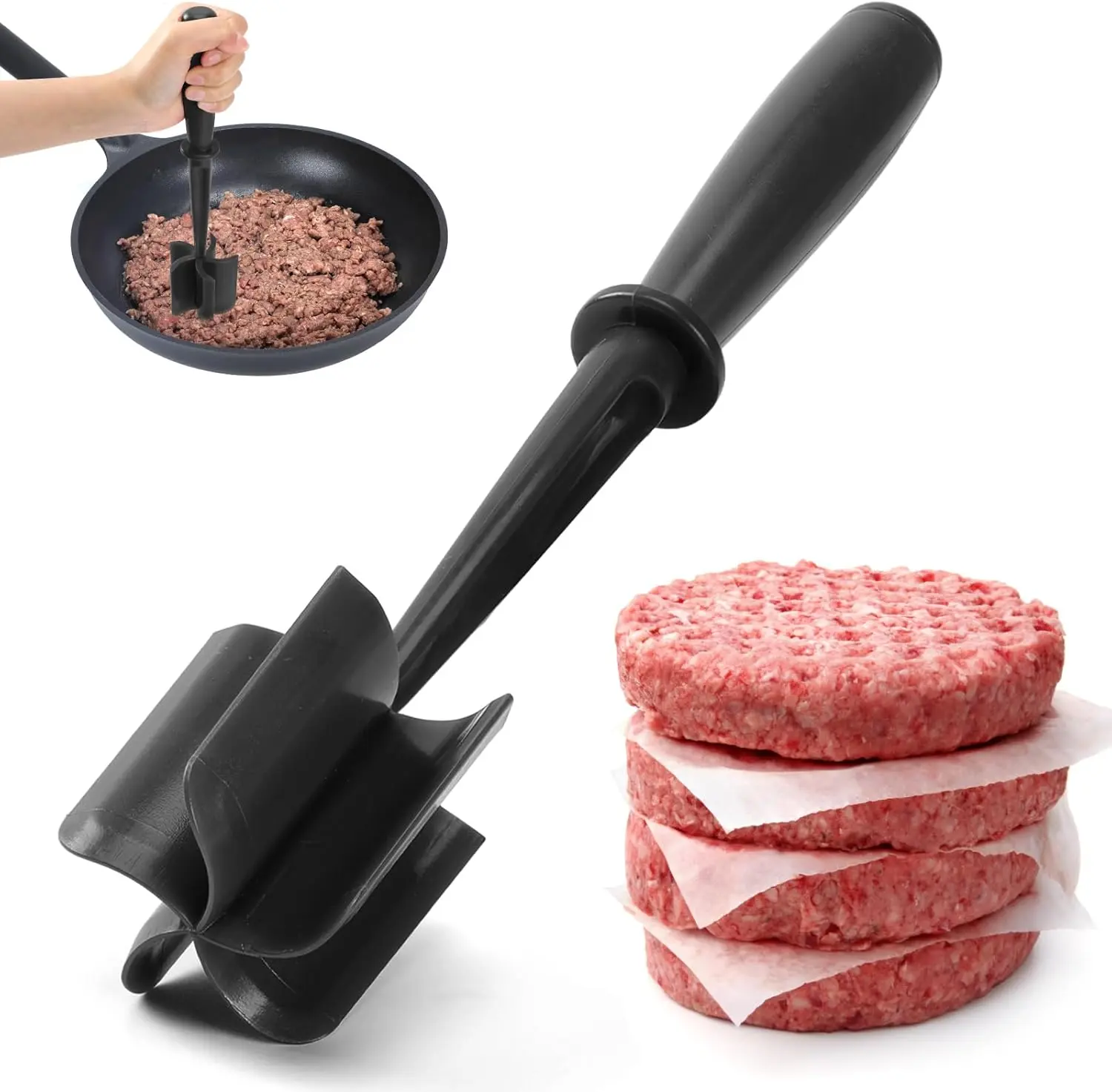 Halloween Fall Gift Premium Meat Chopper - 5 Curve Blade Ground Beef Smasher Tool - Heat-Resistant Nylon Meat Masher for Ground Beef, Hamburger, Potatoes - Non-Stick Ground Meat Chopper for Easy Mixing - Black
