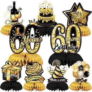 9 Pcs 3D Black Gold 60th Birthday Centerpiece Decorations Set Table Decor for Party Cheers to 60 Years Celebration Supplies