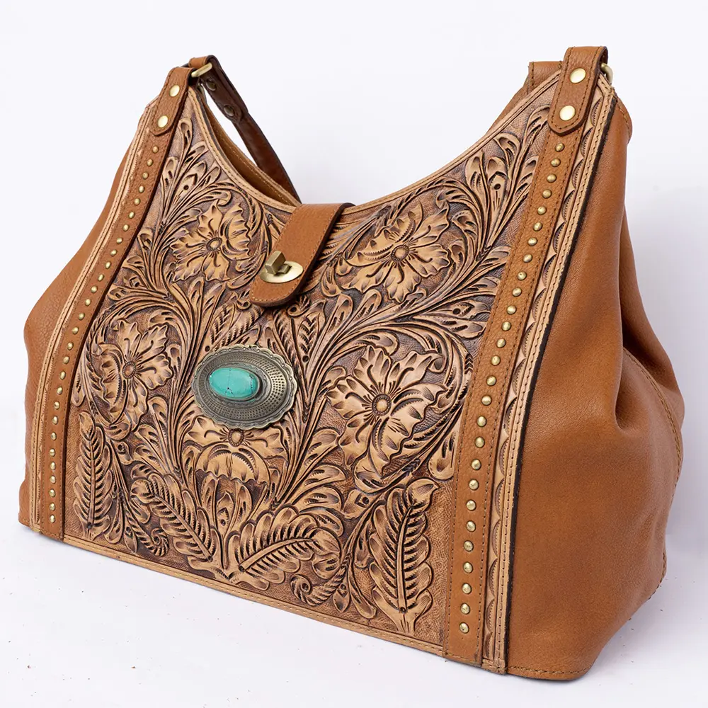 American Darling Hobo Bag, Hand-Tooled Floral Western Leather Purse with Turquoise Stone & Tassels, 10in (H) X 8in (W) X 16in (D)