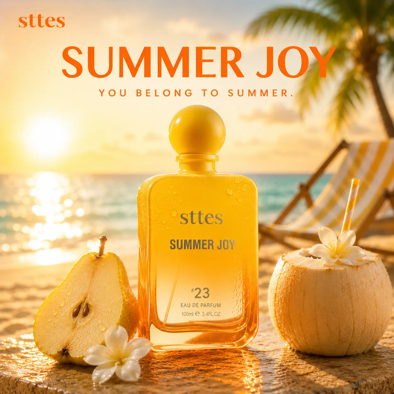 Sttes Perfume 23 Summer Joy Eau de Parfum for Women, Pear Banana Coconut Vanilla Sandalwood Perfume Spray, Tropical Gourmand Summer Fragrance, Long Lasting Scent,100ml