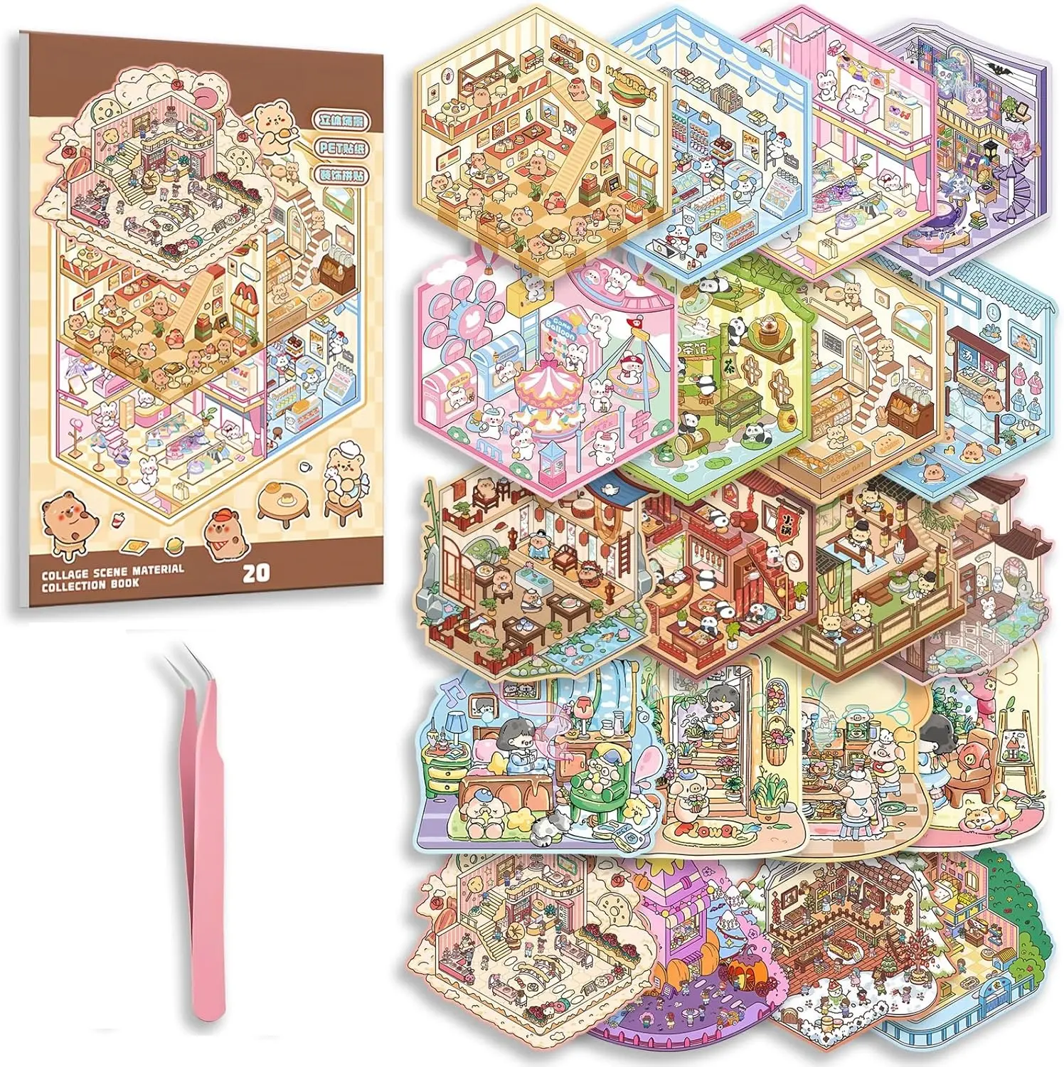 20 Sets DIY 3D Sticker Scene Collection Book for Kids Adults Cute Make Your Own Shop House Stickers for Gifts Stickers Therapy for Adult Relief Stress Pass The Time Play Park Hamburg Castle Library 1PC Free Tweezers Color Random